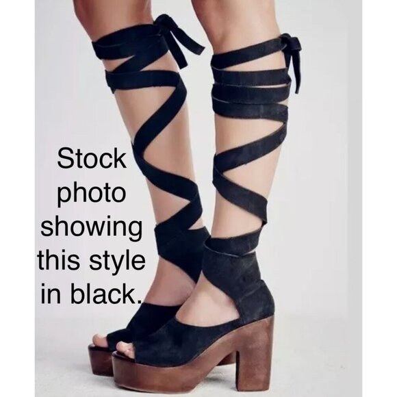 Free People Platform Heels Wood Open Toe Ankle Wrap Gray Suede Size? - Picture 6 of 6